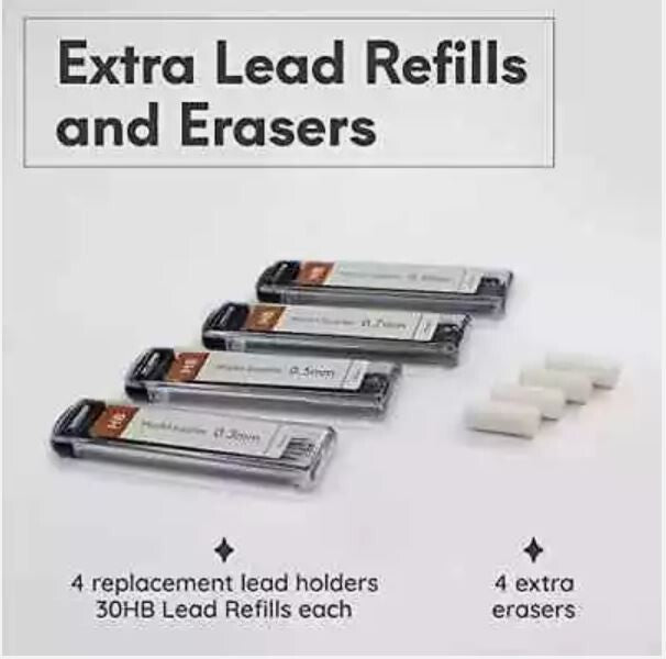 MOZART PREMIUM SCETCHING PENCIL SETS INCLUDING 4 PENCILS, REPLACEMENT ERASERS