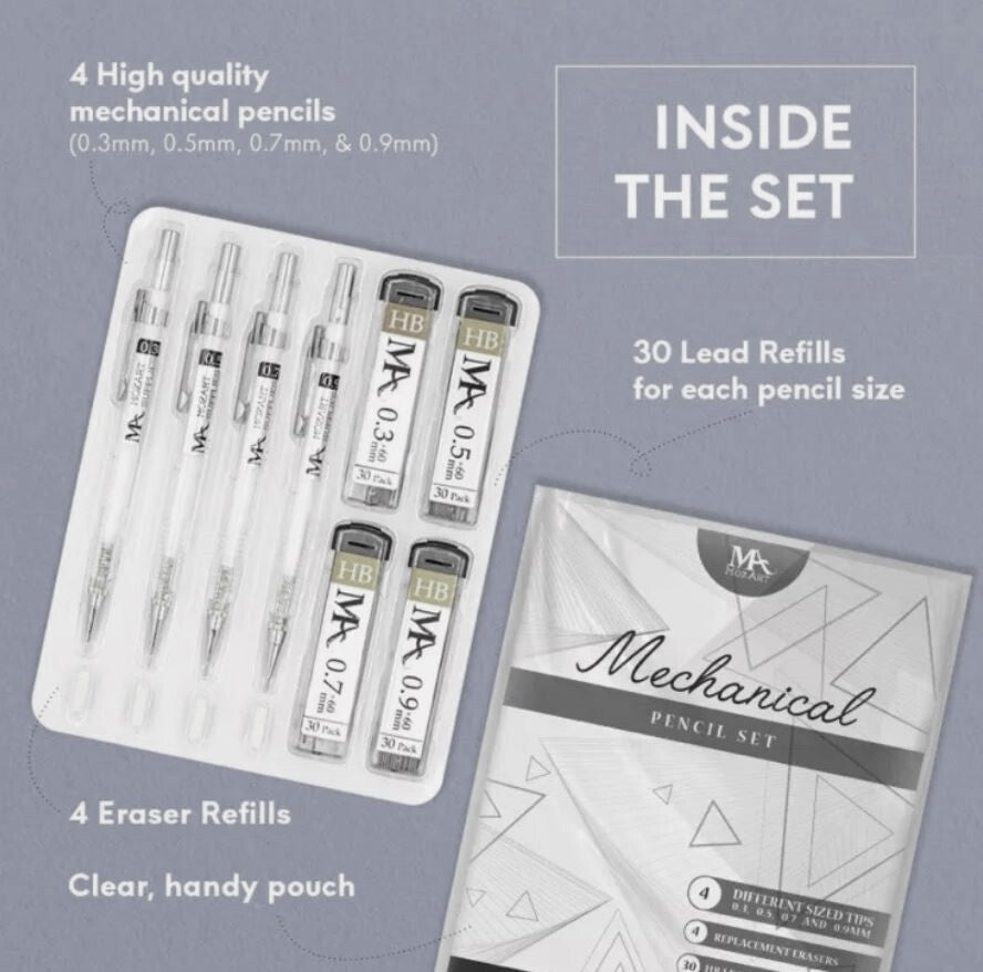 MOZART PREMIUM SCETCHING PENCIL SETS INCLUDING 4 PENCILS, REPLACEMENT ERASERS