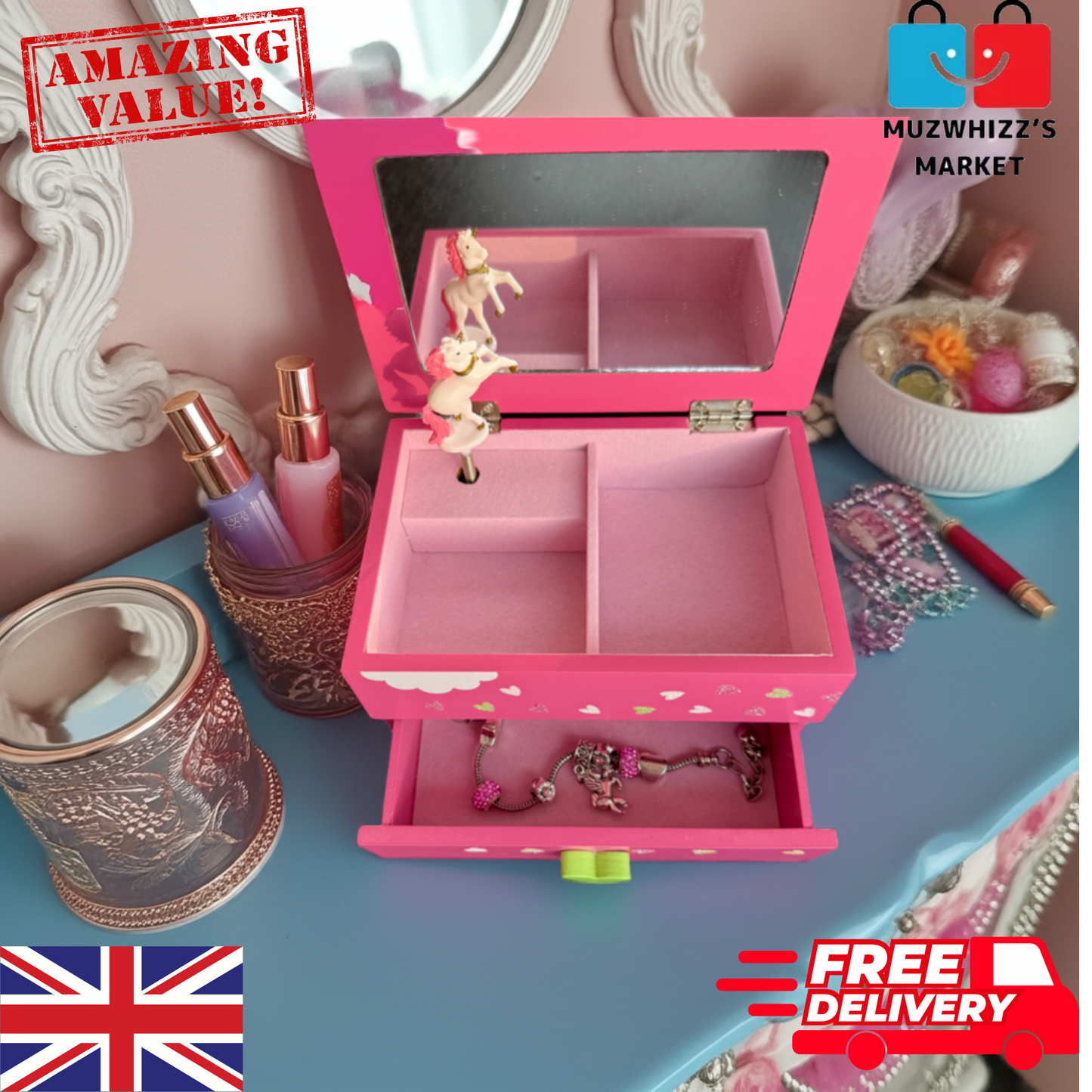 Unicorn Musical Jewellery Box Including Charm Bracelet